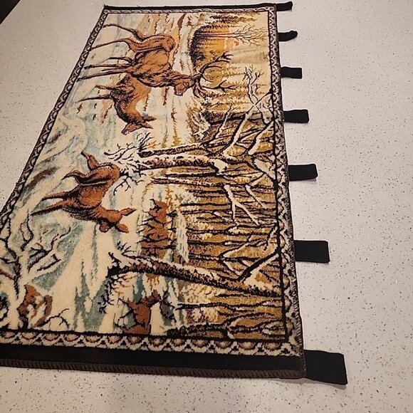 Vintage Velvet Tapestry Wall Hanging Carpet Elk Deer Wildlife 38x20 1965 Italy - Picture 3 of 4